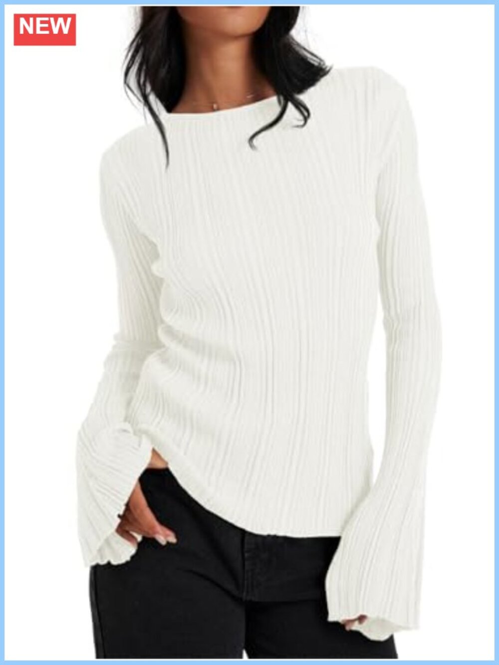 Bell Sleeve Lightweight Knit Sweater Pullover Crew Neck Long Sleeve Top